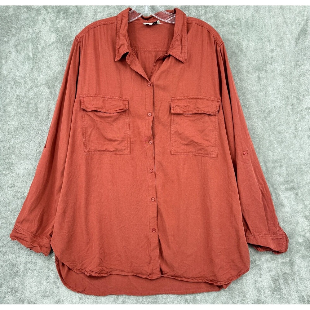 Dress Forum Shirt Womens Size M Chambray Button Front Roll Tab Relaxed Rust Red